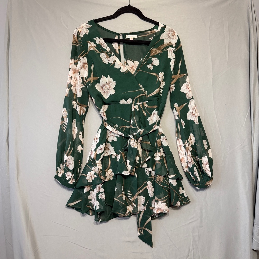 Luxxel Womens Forest Fairy Floral Mini Dress M Green Ruffled Sheer Lined Chiffon